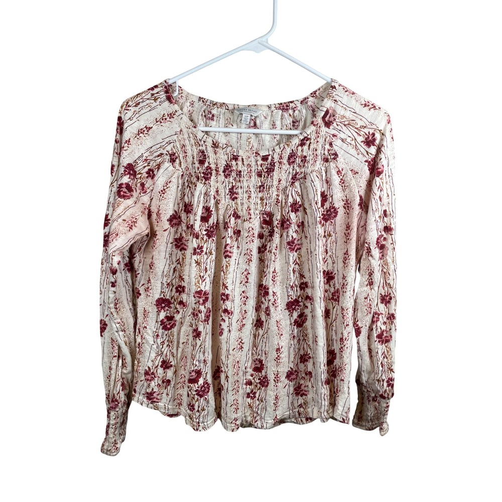Lucky Brand Blouse Women Small Pink Floral Smocked Long‎ Sleeve Boho Peasant Top